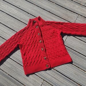 L Vibrant Red Cable Knit Cardigan Bell Sleeves
